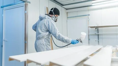 Carpenter with mask using paint spray gun to painting wooden plank in carpentry Stock Photos