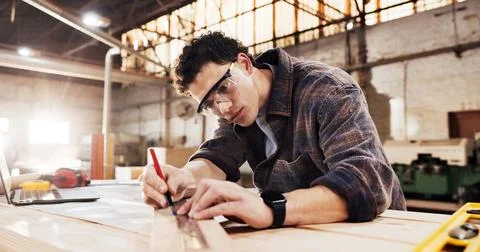 Carpenter, measure and man in workshop with wood for manufacturing, product.. 스톡 사진