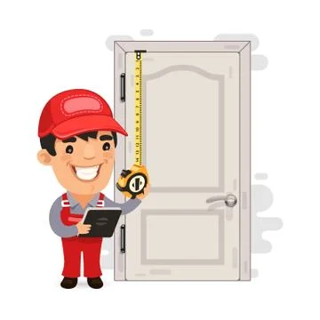 Carpenter Measures the Old Door Stock Illustration