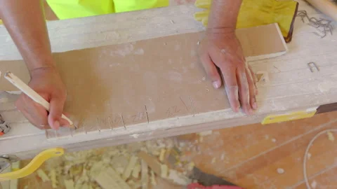 A carpenter measuring and accurately marking wood for various construction Stock Footage 306309346