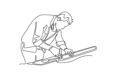 Carpenter measuring wooden board using measurement tape イラスト素材