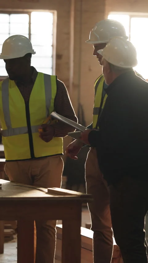 Carpenter, men and talk in workshop with clipboard, plan furniture design and Stock Footage 343911347