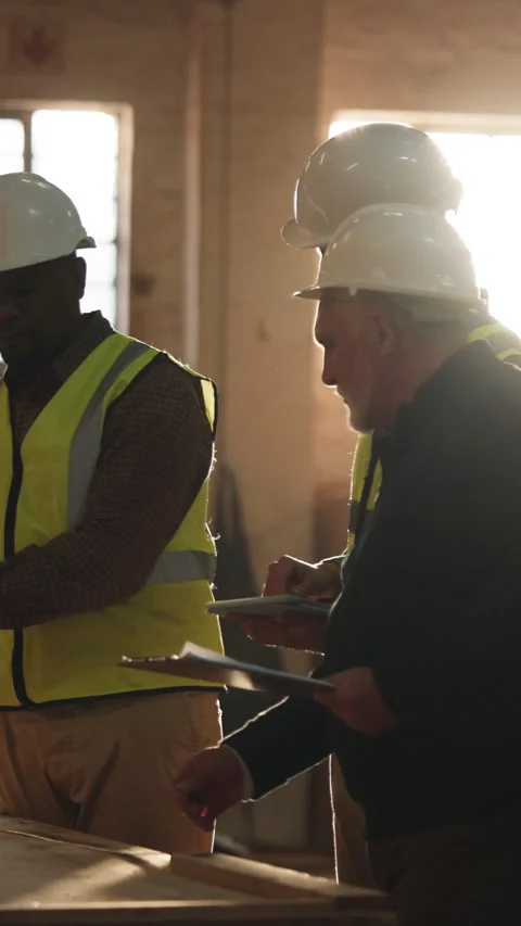 Carpenter, men and talk in workshop with woodwork, planning furniture design and Stock Footage 343917001