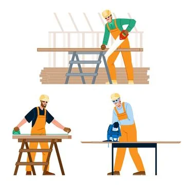 Carpenter men performing woodworking tasks with tools Stock Illustration