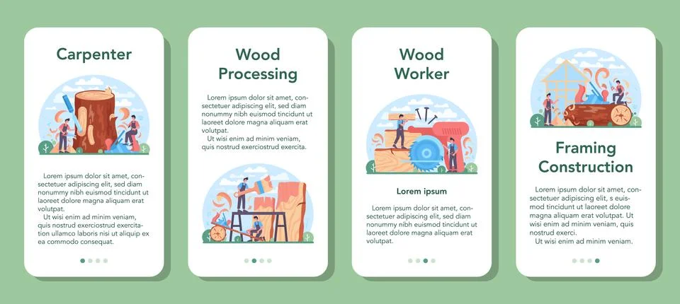 Carpenter mobile application banner set. Woodworker processing wood-block Stock Illustration