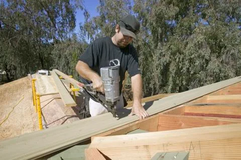 Carpenter nailing tongue & groove board on roof on new house construction, Ojai, Stock Photos