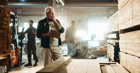 Carpenter, notes and thinking of wood in workshop for timber inspection, quality Stock Photos