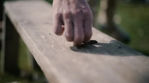 Carpenter picks up 3 old rusty nails for cross Stock Footage 271195077