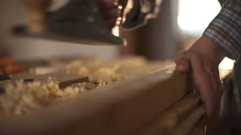 Carpenter planed wood, workplace Video stock 87172704