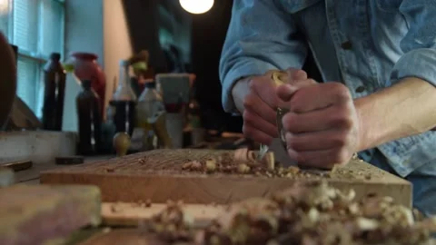 Carpenter with a planer at work in the workshop. Slow-motion close-up Video stock 131966228