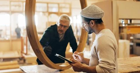 Carpenter, planning or man with tablet in workshop for wood structure inspection Stock Photos