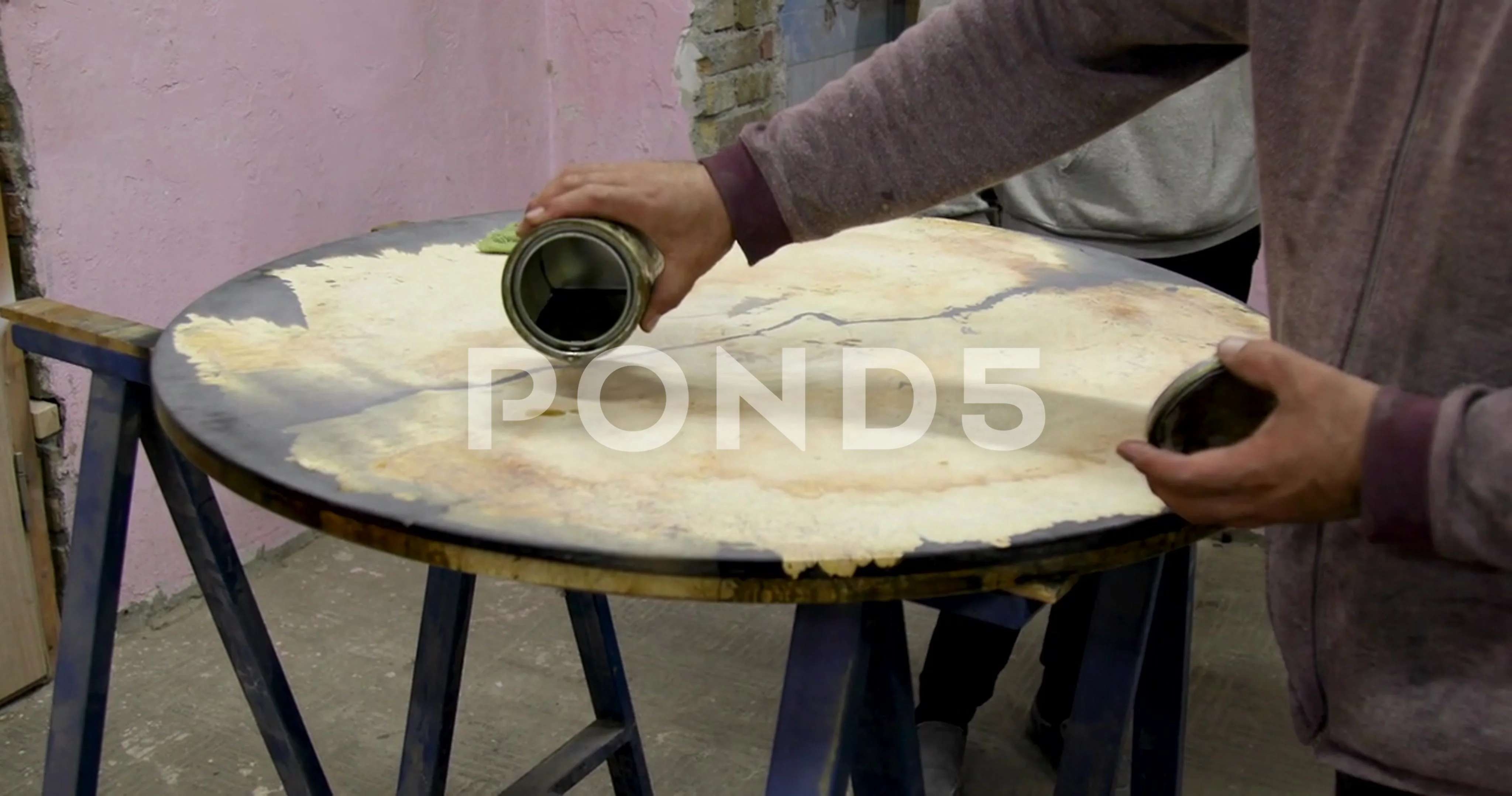 Carpenter Pouring Linseed Oil Wooden Table Process Making Wood