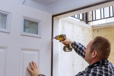 Carpenter process of door hinge installation hands screwing hinge with screwd Stock Photos