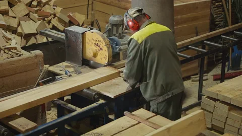 Carpenter Processing Wood Board Material By Using Circular Saw Instrument Stock Footage 234683255