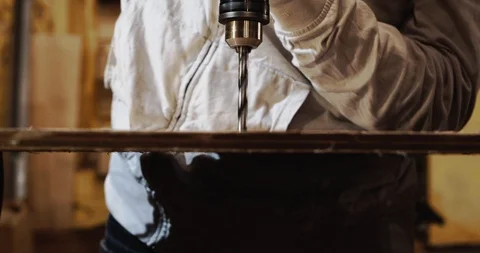 Carpenter Processing Wood With Drill Stock-Footage 125893676