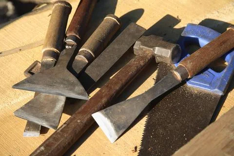 Carpenter s tools, hammer, Chisel, Square, Saw Copyright: xAngeloxD Silva/... Stock Photos