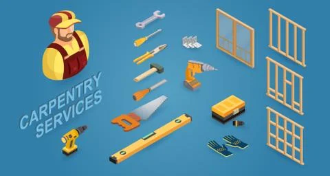 Carpenter services. Builder, tools, and wooden construction. Isometric icons. Illustrazione stock