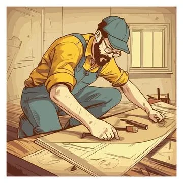 Carpenter sitting sketching a construction plan Stock Illustration