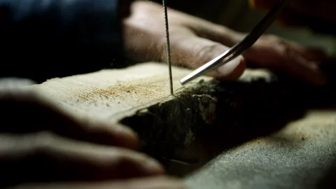Carpenter skillfully shapes wood using hand tools in a workshop Stock Footage 321387578