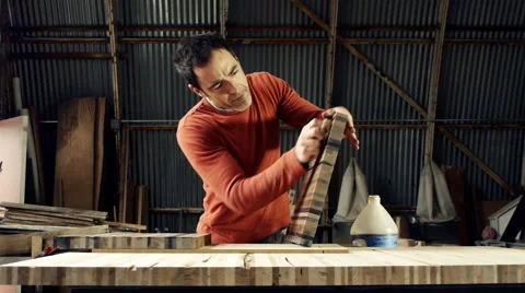 Carpenter Staining Wood Stock Footage 40997254