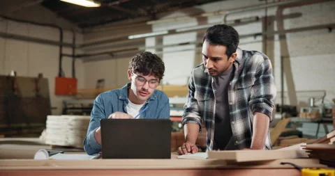 Carpenter, team and laptop in workshop for planning, project management and help Stock Footage 338373313