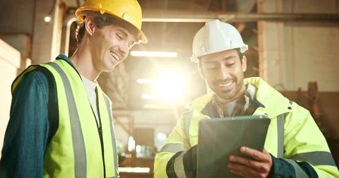 Carpenter, team and men with tablet in workshop, furniture production or smile Stock Photos
