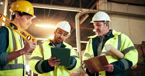 Carpenter, team and men with tablet in factory, furniture production or talking Stock Photos