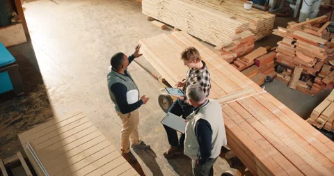 Carpenter, team and planning above in warehouse, timber inventory or Stock Footage 341311917