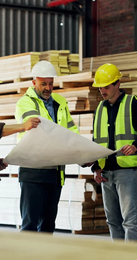 Carpenter, team and talk in workshop with blueprint, collaboration or advice for Stock Footage 340604199