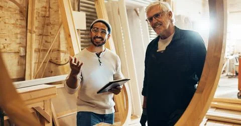 Carpenter team, man and tablet in workshop for woodwork project inspection Stock Photos
