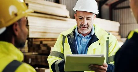 Carpenter, teamwork and man with tablet in workshop, discussion or planning.. Stock Photos