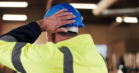 Carpenter, thinking and man with helmet in factory, reflection and planning for Stock Footage 340001572