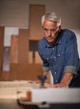Carpenter, thinking or checking wood in workshop, design and planning in small Stock Photos