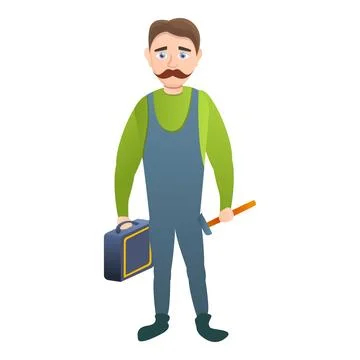 Carpenter with tool box icon, cartoon style Stock Illustration