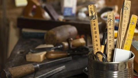 Carpenter tool collection. High quality beautiful photo concept Stock Photos