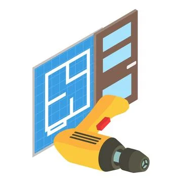 Carpenter tool icon isometric vector. Electric drill and new entrance door ic Stock Illustration