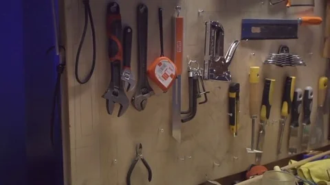 Carpenter tool kit, different sorts of tools for construction Stock Footage 82868483