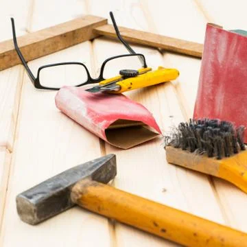 Carpenter tools, diy concept table Stock Photos