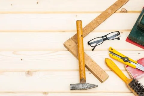 Carpenter tools, diy concept table Stock Photos