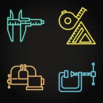 Carpenter tools neon icon set Stock Illustration