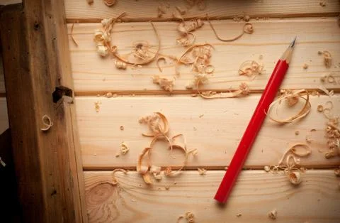Carpenter tools in pine wood table Foto stock