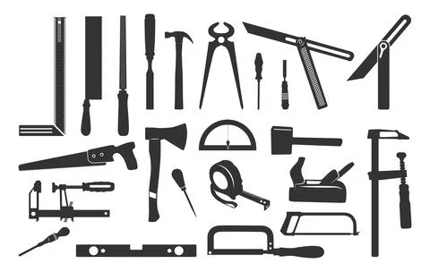 Carpenter tools silhouette, Carpenter tools svg, Wooden work tools Stock Illustration