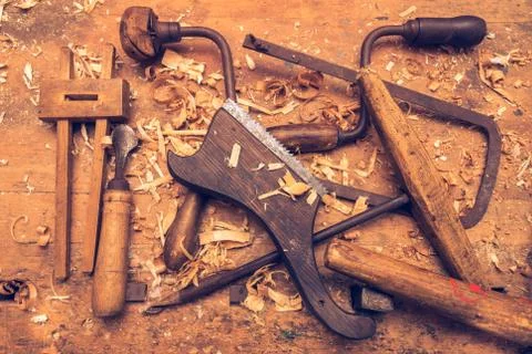 Carpenter tools on the table Stock Photos