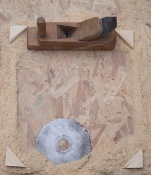 Carpenter tools on wood table background. Copy space Foto stock