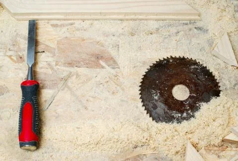 Carpenter tools on wood table background Stock Photos