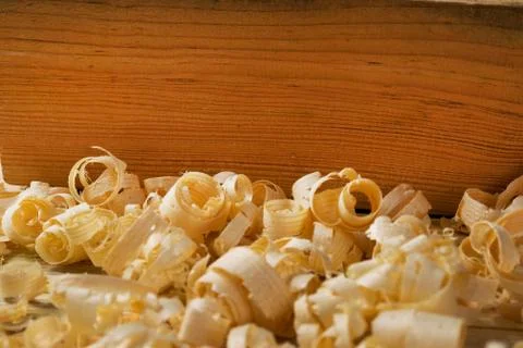 Carpenter tools on wood table background with sawdust. Copy space Foto stock
