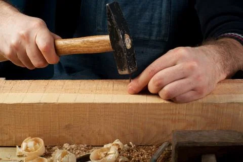 Carpenter tools on wood table background Stock Photos