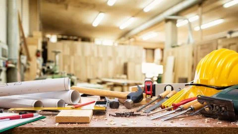 Carpenter tools on the workbench. Stock Photos