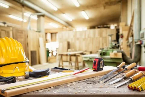 Carpenter tools on the workbench. Stock Photos