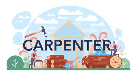 Carpenter typographic header. Woodworker processing wood-block. Builder working 스톡 일러스트